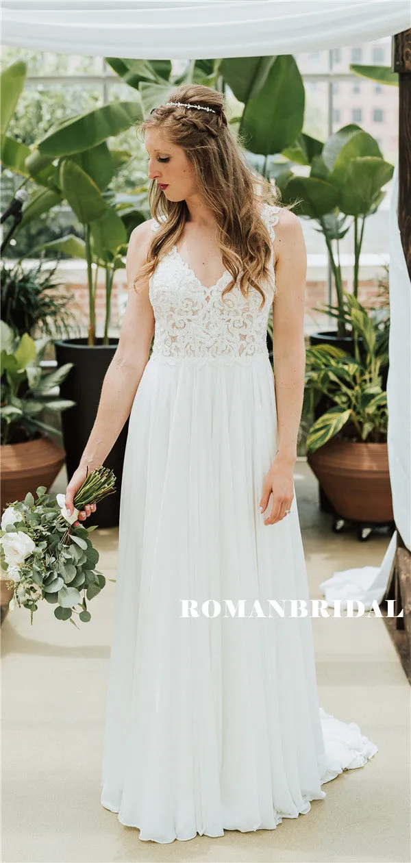 A-line V-neck Appliques Beading Backless Long Chiffon Wedding Dresses, WD0491