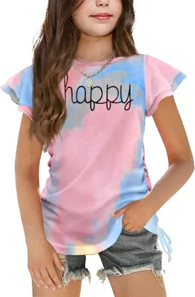 Arshiner Girls T Shirts Ruffle Short Sleeve Ruched Knot Side Tunic Blouse Summer Tee Tops