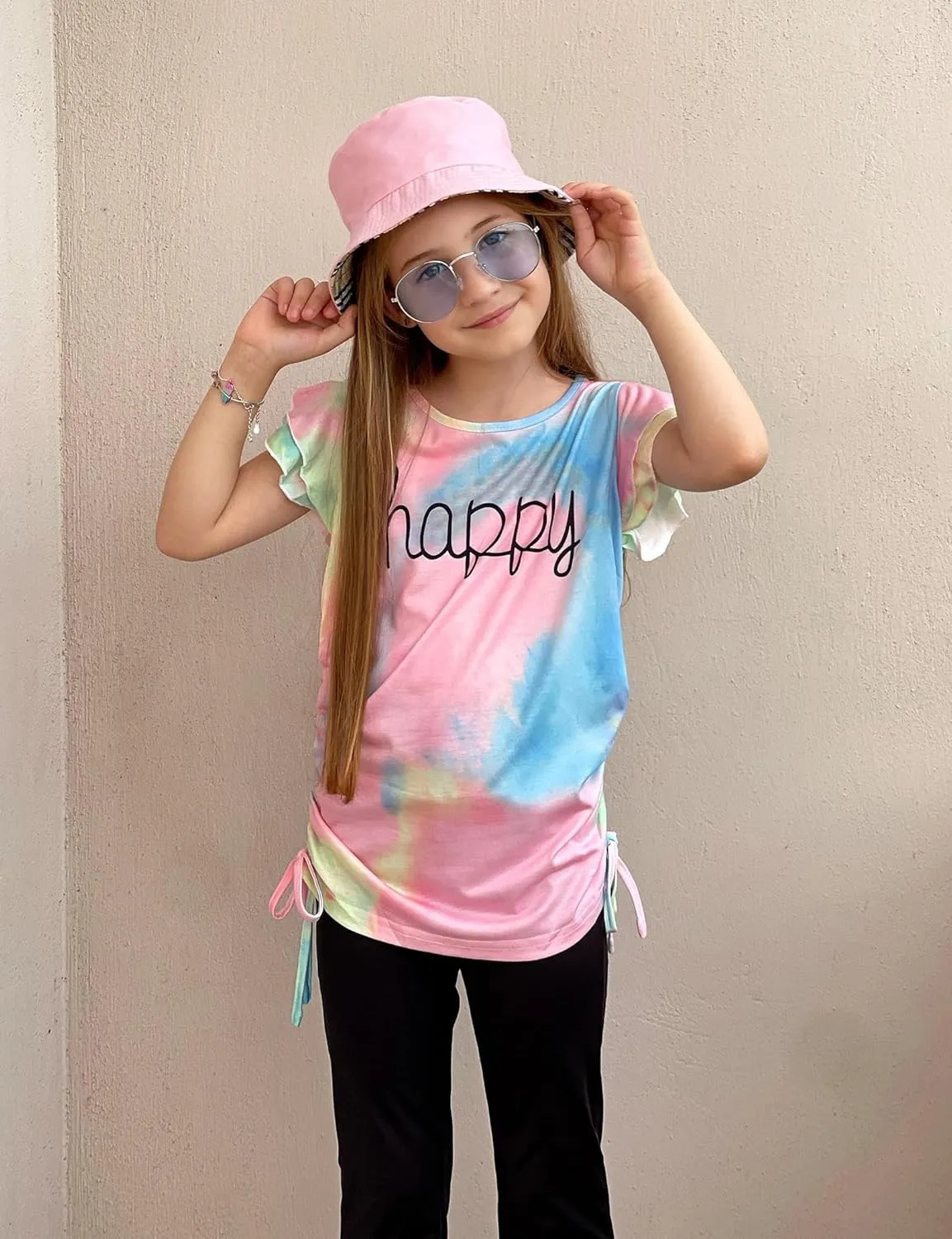 Arshiner Girls T Shirts Ruffle Short Sleeve Ruched Knot Side Tunic Blouse Summer Tee Tops