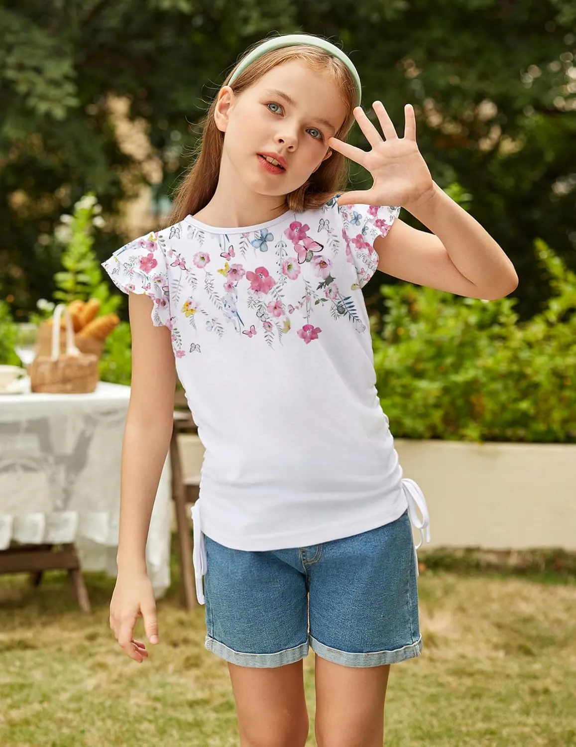 Arshiner Girls T Shirts Ruffle Short Sleeve Ruched Knot Side Tunic Blouse Summer Tee Tops