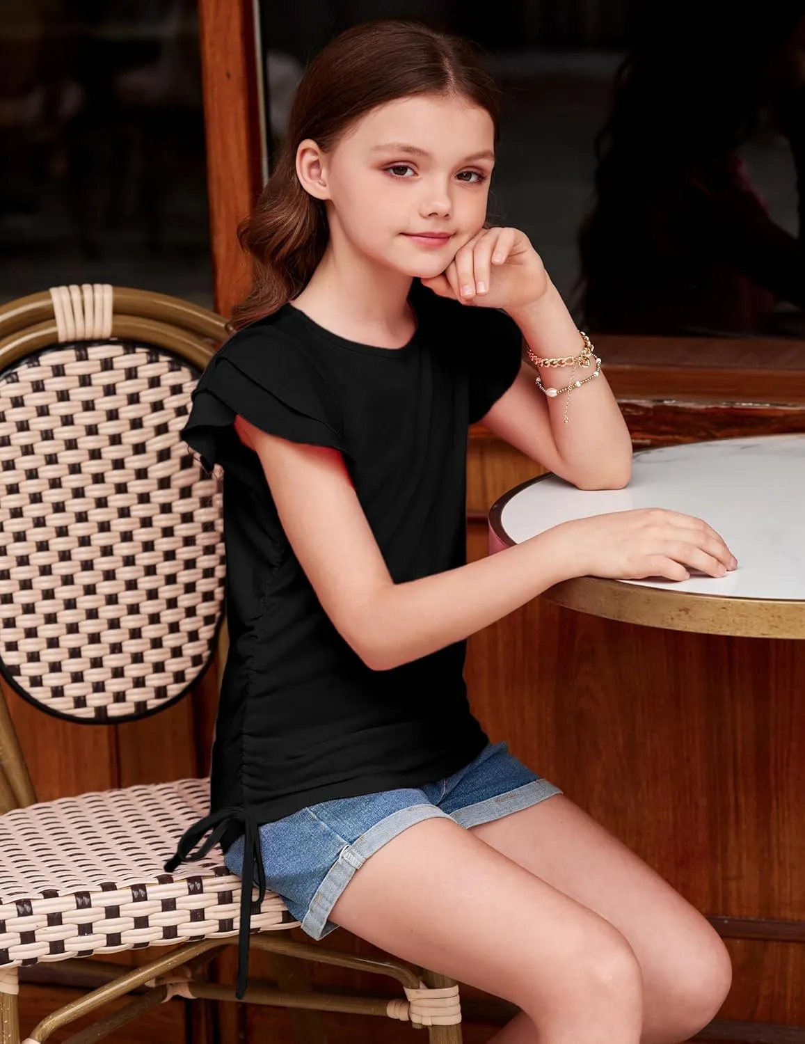 Arshiner Girls T Shirts Ruffle Short Sleeve Ruched Knot Side Tunic Blouse Summer Tee Tops