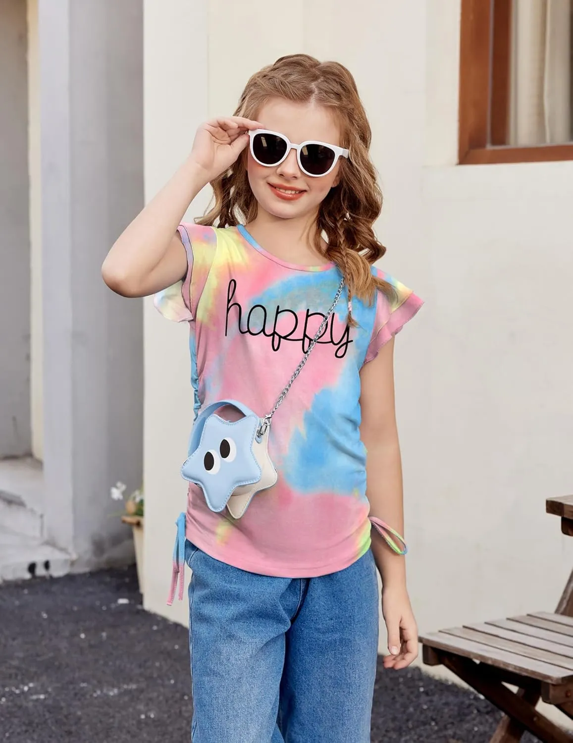 Arshiner Girls T Shirts Ruffle Short Sleeve Ruched Knot Side Tunic Blouse Summer Tee Tops