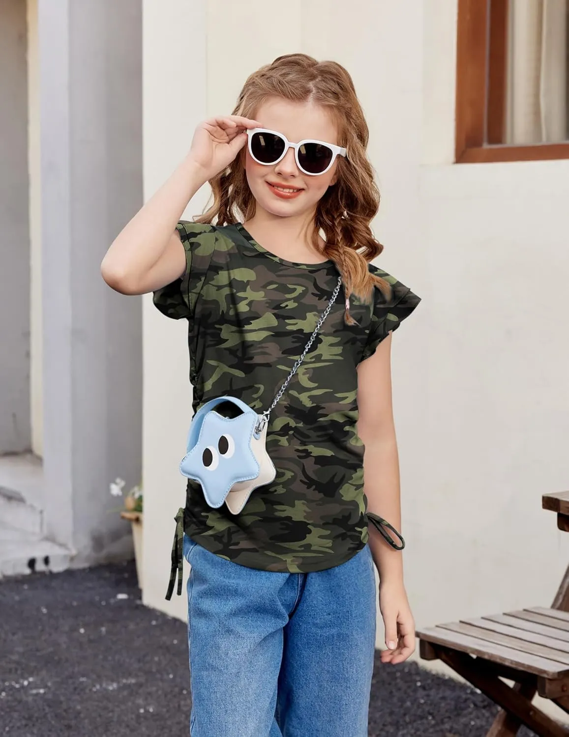 Arshiner Girls T Shirts Ruffle Short Sleeve Ruched Knot Side Tunic Blouse Summer Tee Tops