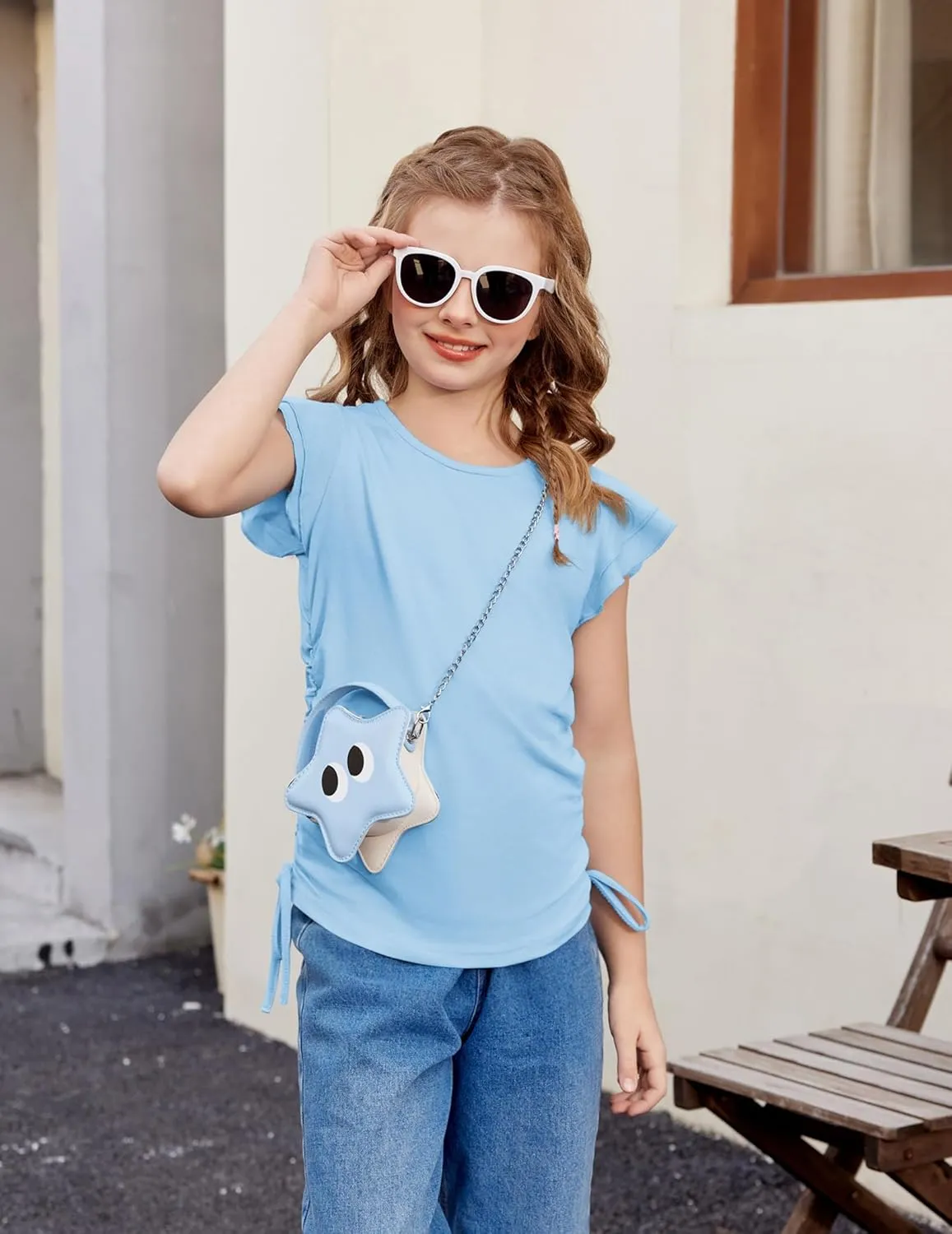 Arshiner Girls T Shirts Ruffle Short Sleeve Ruched Knot Side Tunic Blouse Summer Tee Tops