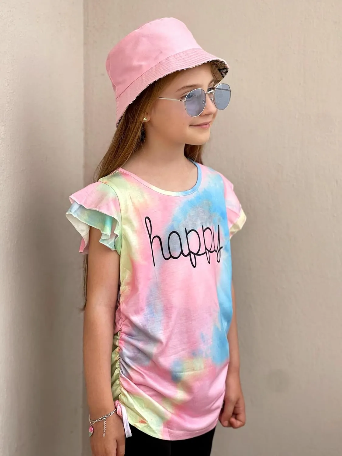 Arshiner Girls T Shirts Ruffle Short Sleeve Ruched Knot Side Tunic Blouse Summer Tee Tops