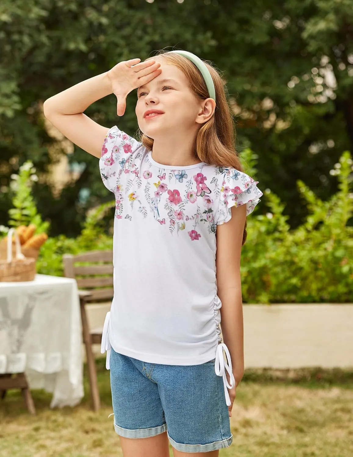 Arshiner Girls T Shirts Ruffle Short Sleeve Ruched Knot Side Tunic Blouse Summer Tee Tops