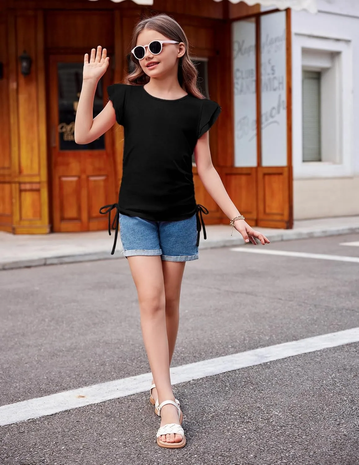 Arshiner Girls T Shirts Ruffle Short Sleeve Ruched Knot Side Tunic Blouse Summer Tee Tops