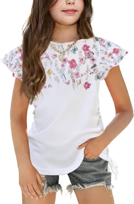 Arshiner Girls T Shirts Ruffle Short Sleeve Ruched Knot Side Tunic Blouse Summer Tee Tops