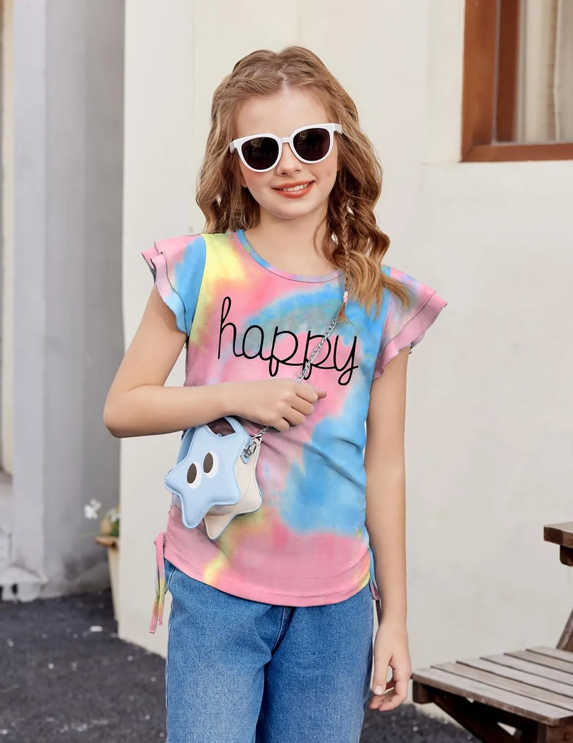 Arshiner Girls T Shirts Ruffle Short Sleeve Ruched Knot Side Tunic Blouse Summer Tee Tops