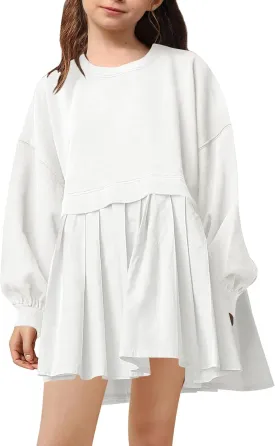 Batermoon Girls Pleated Sweatshirt Dresses Kids Fashion Long Sleeve Crew Neck Mini Dress 5-14 Years