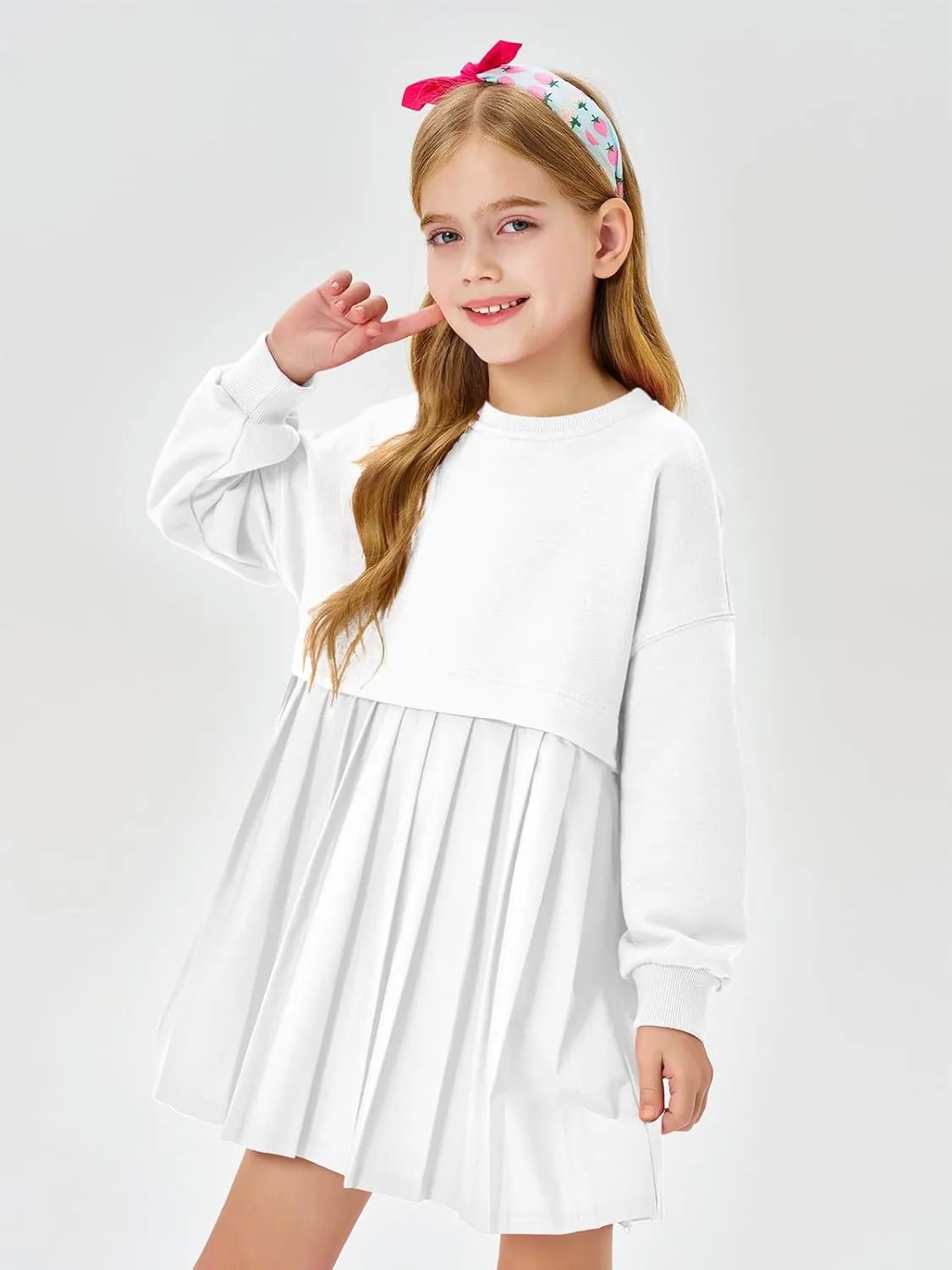 Batermoon Girls Pleated Sweatshirt Dresses Kids Fashion Long Sleeve Crew Neck Mini Dress 5-14 Years