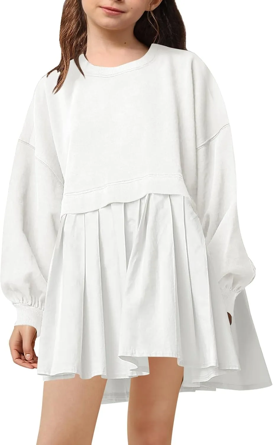 Batermoon Girls Pleated Sweatshirt Dresses Kids Fashion Long Sleeve Crew Neck Mini Dress 5-14 Years