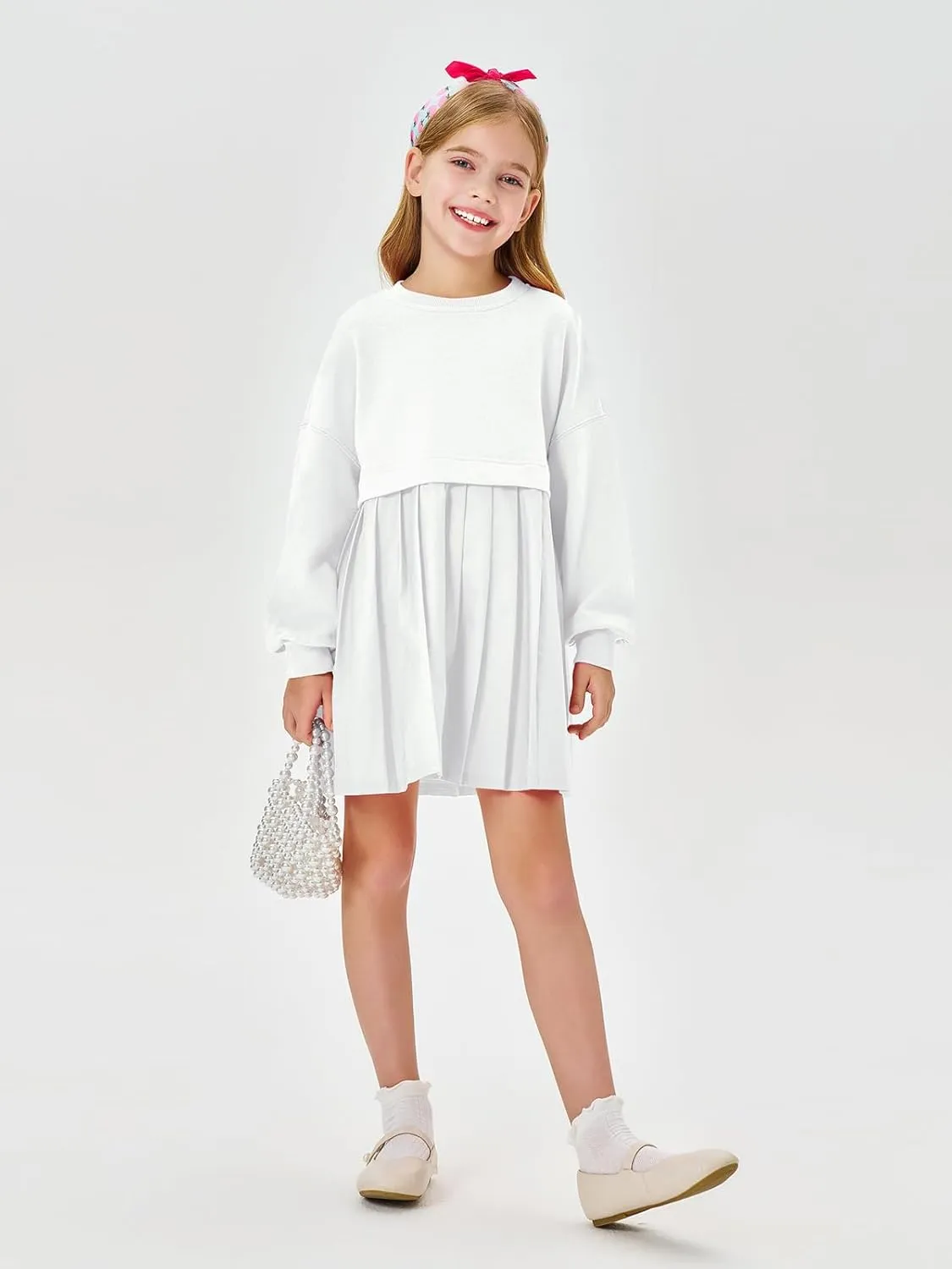 Batermoon Girls Pleated Sweatshirt Dresses Kids Fashion Long Sleeve Crew Neck Mini Dress 5-14 Years
