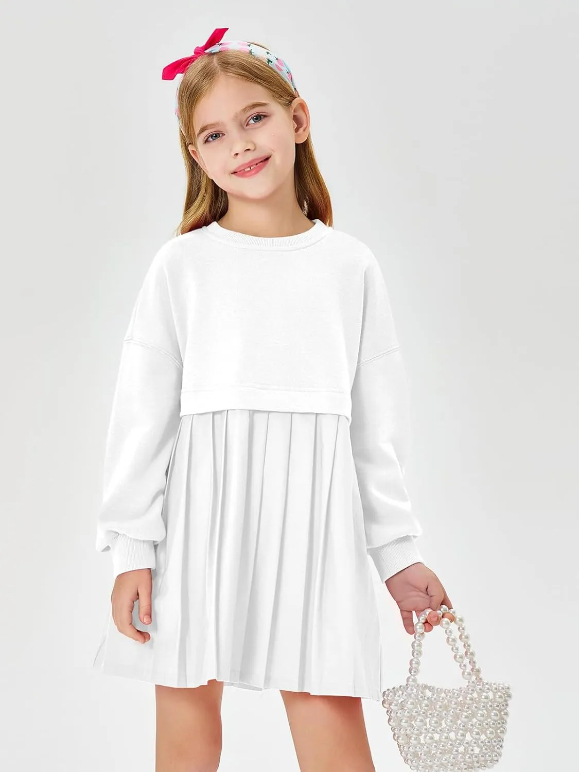 Batermoon Girls Pleated Sweatshirt Dresses Kids Fashion Long Sleeve Crew Neck Mini Dress 5-14 Years