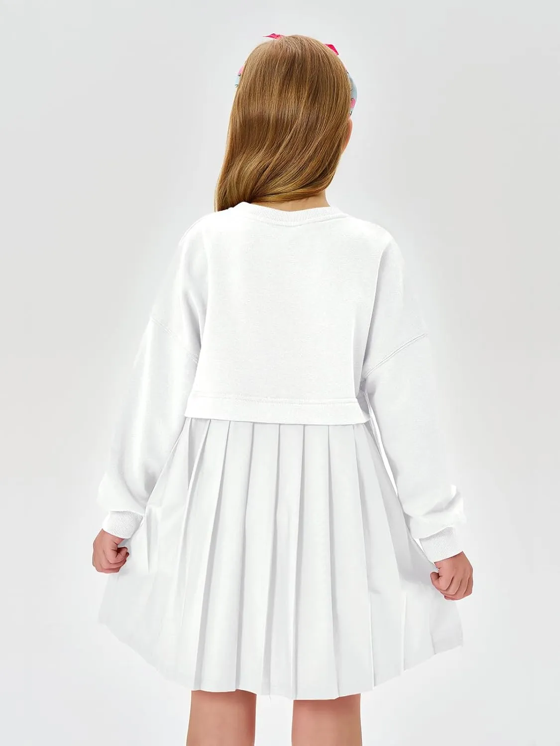 Batermoon Girls Pleated Sweatshirt Dresses Kids Fashion Long Sleeve Crew Neck Mini Dress 5-14 Years