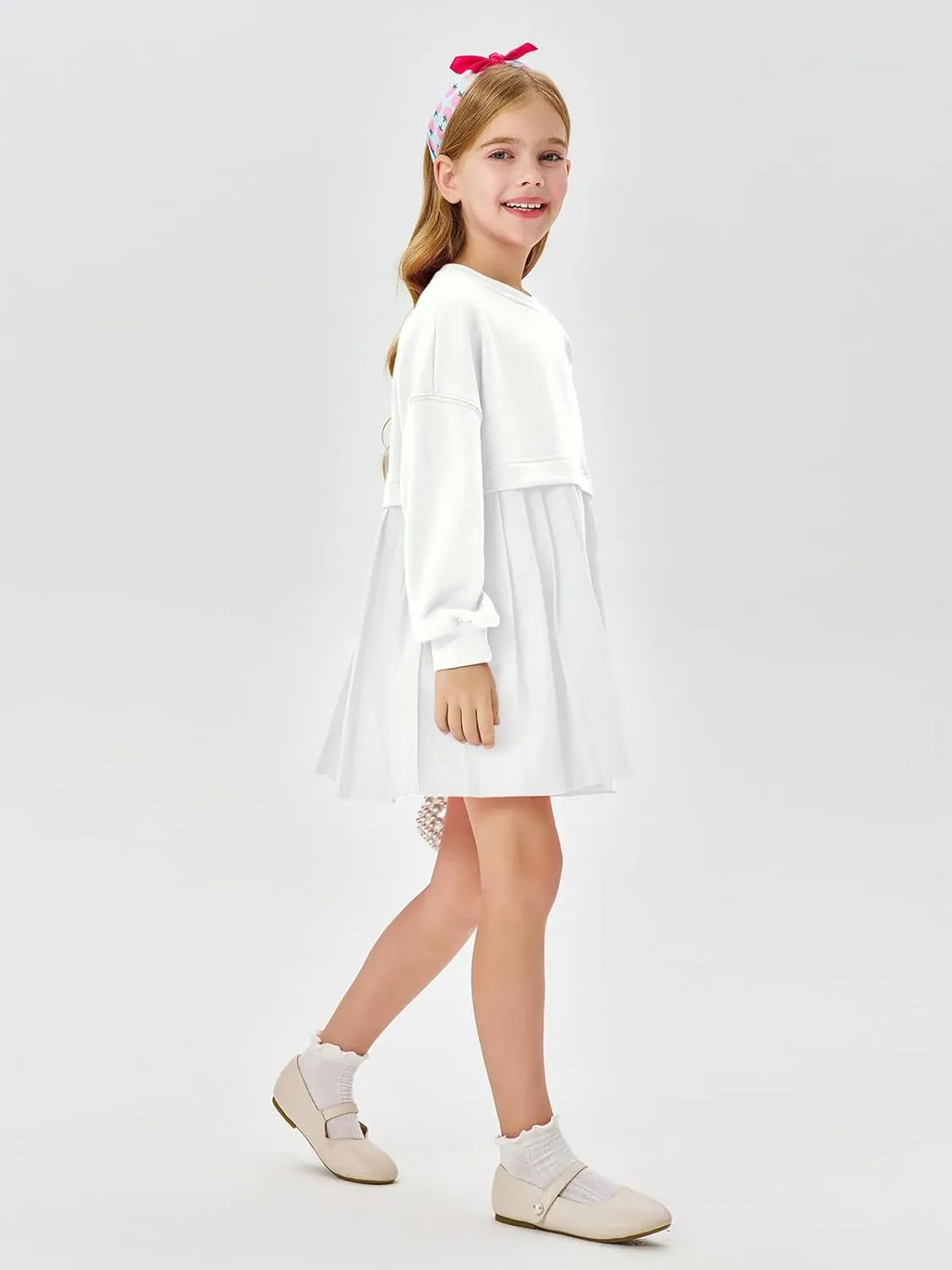 Batermoon Girls Pleated Sweatshirt Dresses Kids Fashion Long Sleeve Crew Neck Mini Dress 5-14 Years
