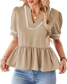 Cakulo Peplum Tops for Women 2025 Babydoll Summer Short Puff Sleeve V Neck Flowy Ladies Top Blouses