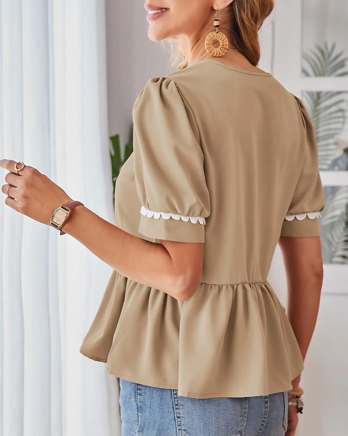 Cakulo Peplum Tops for Women 2025 Babydoll Summer Short Puff Sleeve V Neck Flowy Ladies Top Blouses