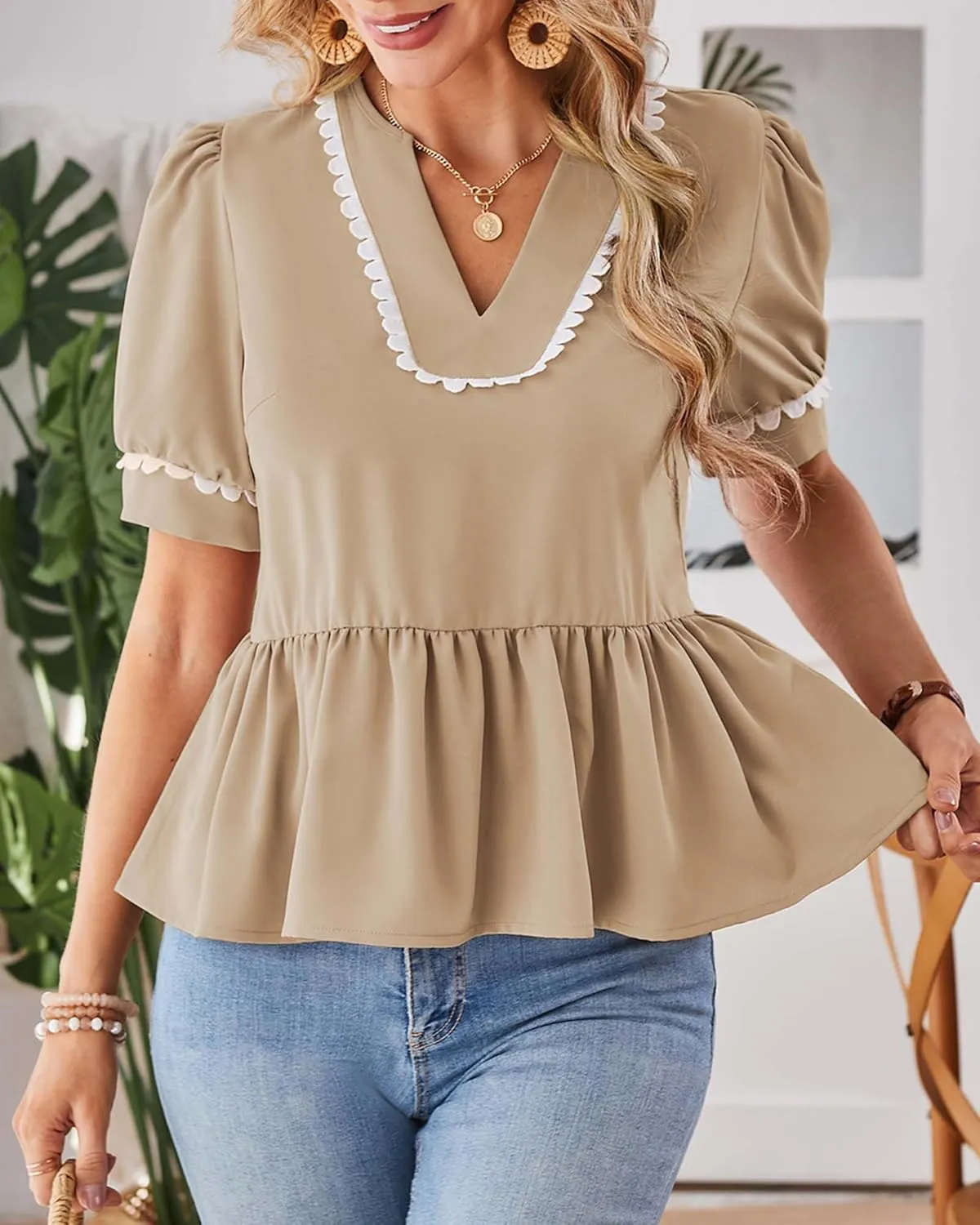 Cakulo Peplum Tops for Women 2025 Babydoll Summer Short Puff Sleeve V Neck Flowy Ladies Top Blouses