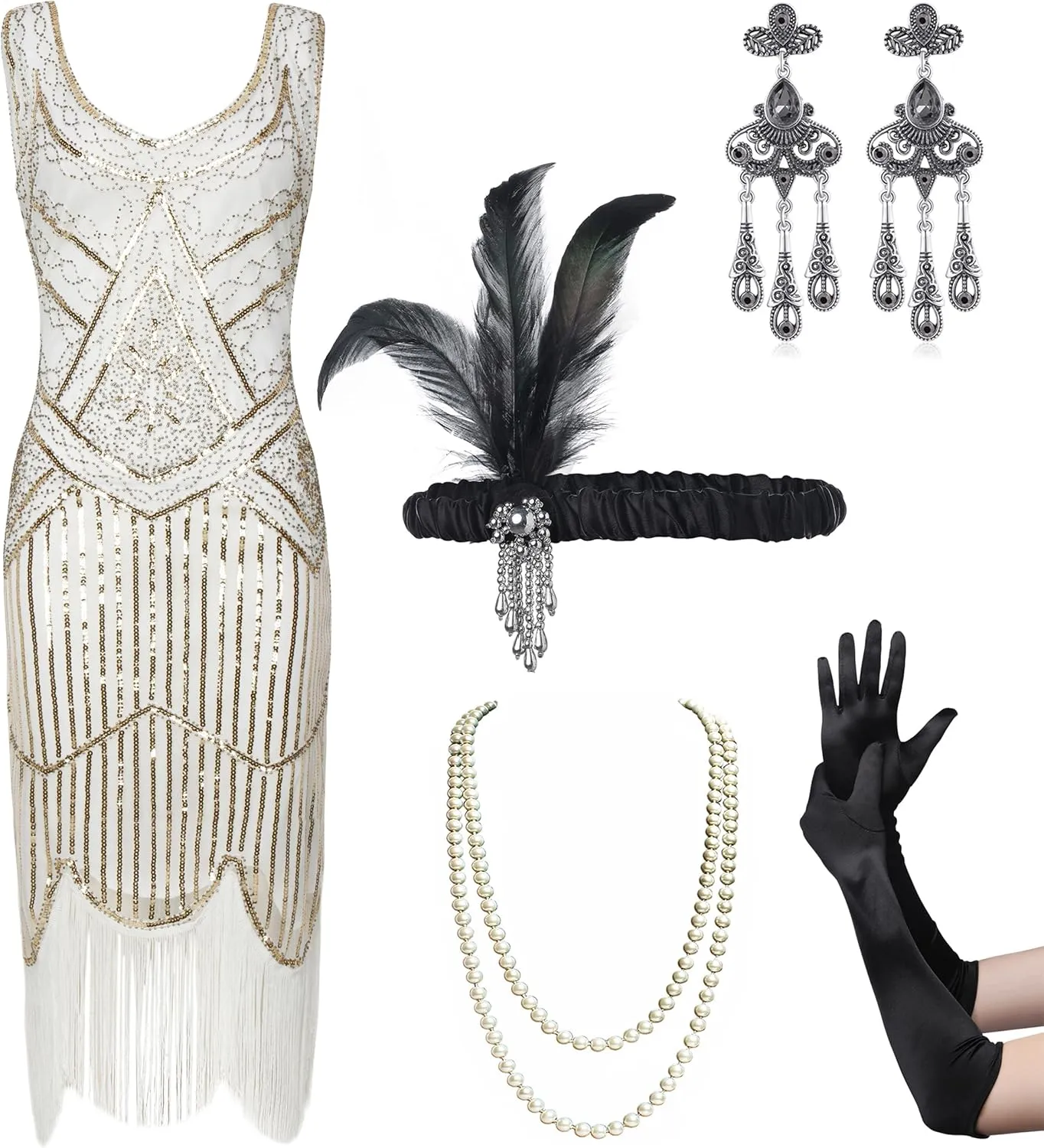 Coucoland Womens 1920s Flapper Sequin Beads Dress with Roaring 20s Gatsby Accessories Set for Party