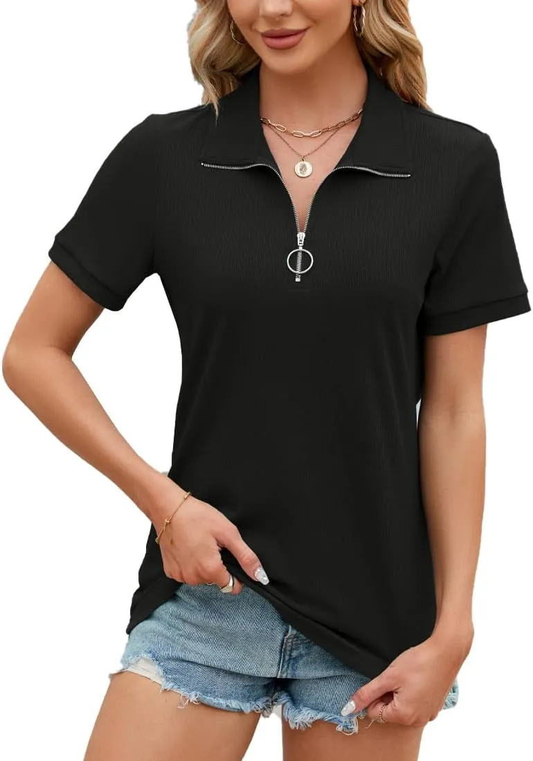 Eternatastic Women's Short Sleeve Polo Shirts Zipper Collar V Neck Business Casual Tops Loose Fit Tunic Shirt
