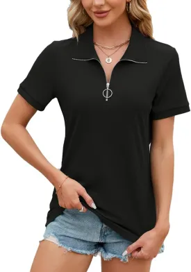 Eternatastic Women's Short Sleeve Polo Shirts Zipper Collar V Neck Business Casual Tops Loose Fit Tunic Shirt
