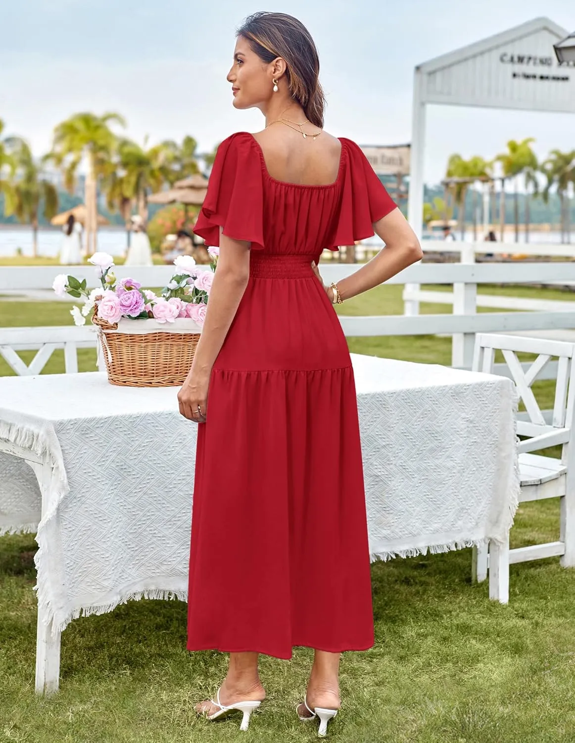 GRACE KARIN Women's Summer Short Sleeve Square Neck Smocked Waist Casual Vacation Tiered Flowy Maxi Dress