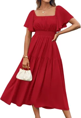 GRACE KARIN Women's Summer Short Sleeve Square Neck Smocked Waist Casual Vacation Tiered Flowy Maxi Dress