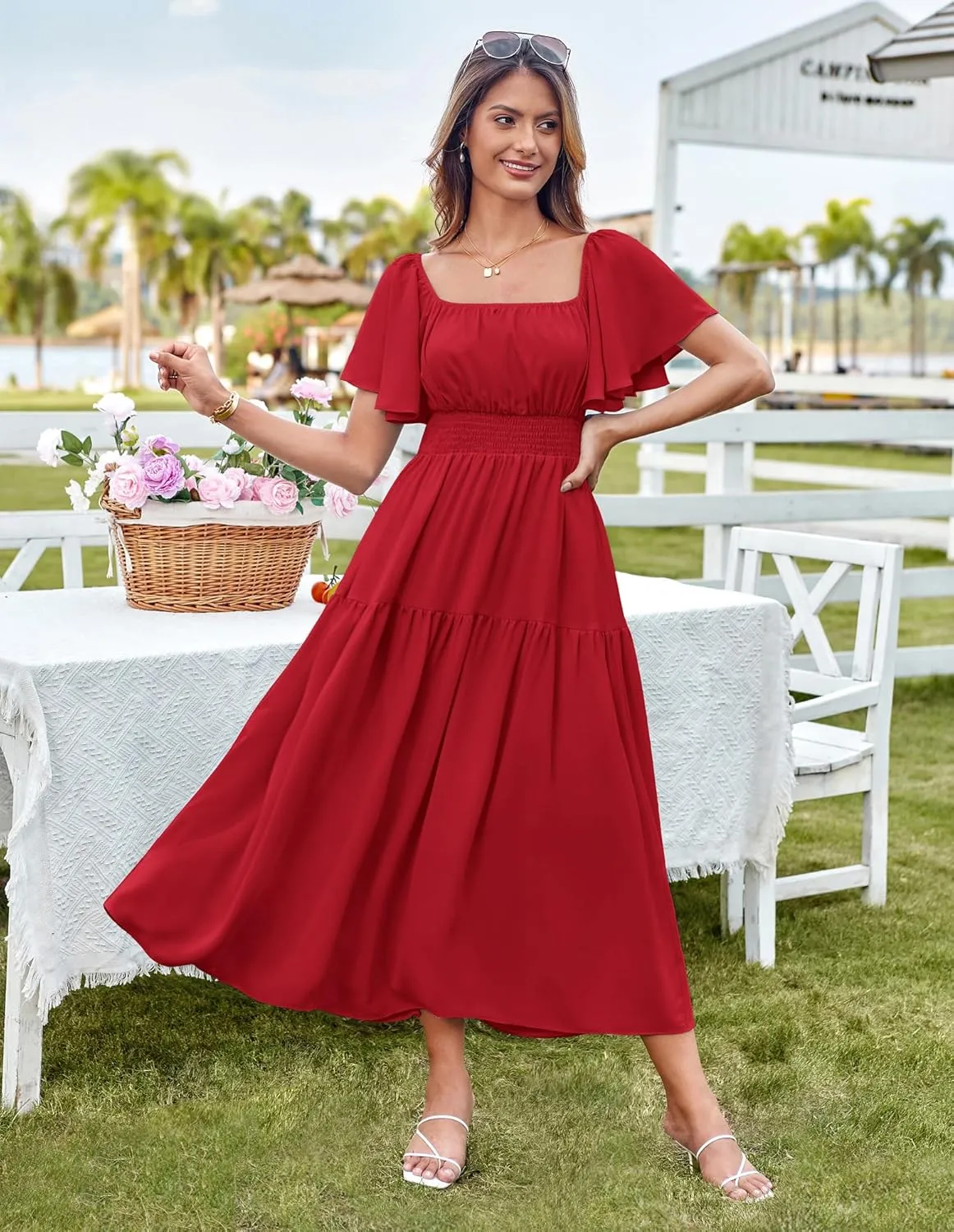 GRACE KARIN Women's Summer Short Sleeve Square Neck Smocked Waist Casual Vacation Tiered Flowy Maxi Dress