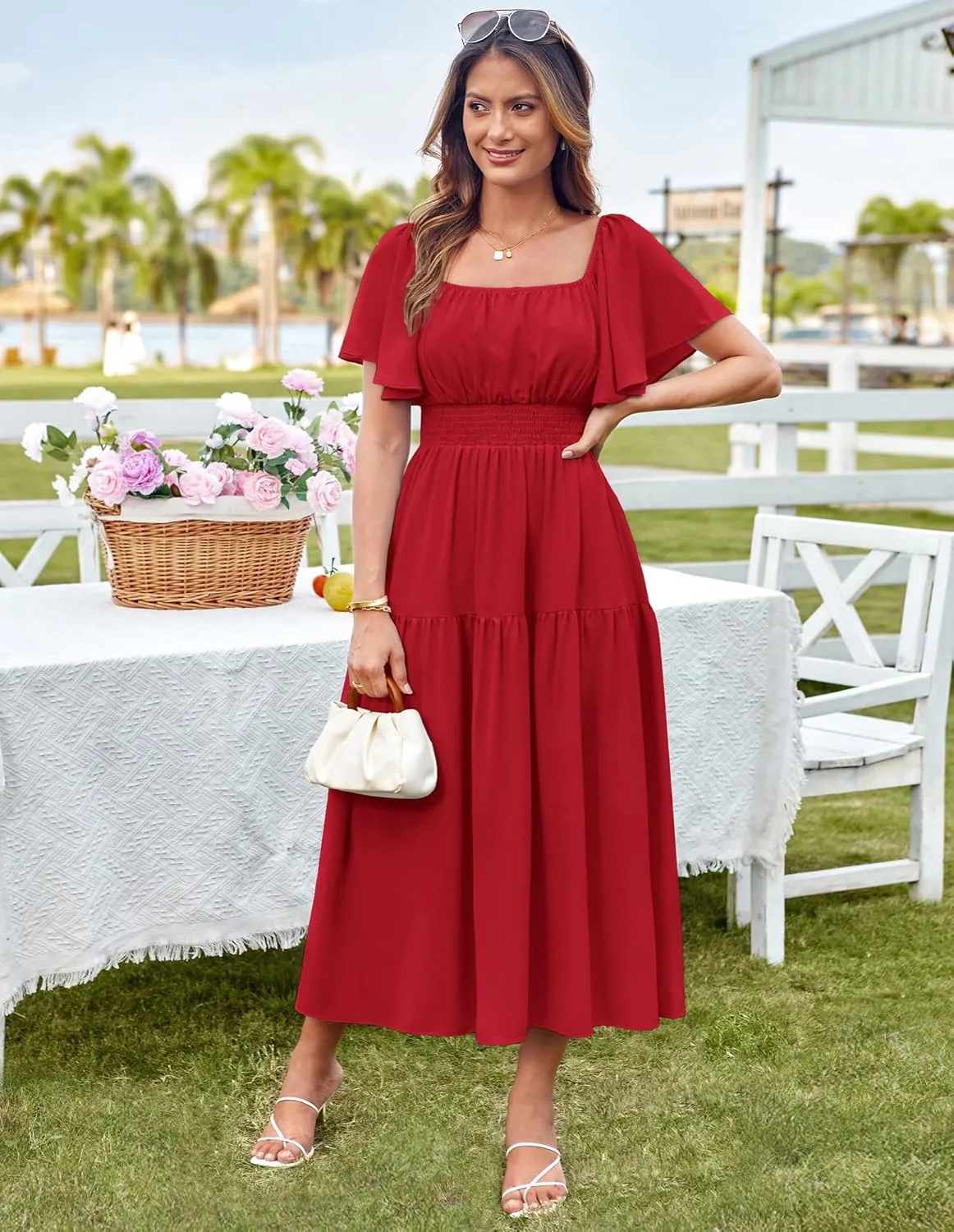 GRACE KARIN Women's Summer Short Sleeve Square Neck Smocked Waist Casual Vacation Tiered Flowy Maxi Dress