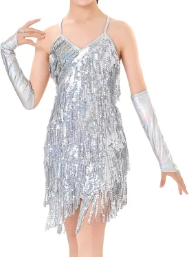 IDOPIP Kids Girls 1920s Flapper Dress Vintage Sequins Fringe Latin Dance Dress Gatsby Halloween Party Dress up with Gloves