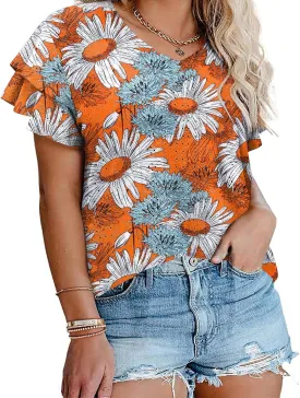 IN'VOLAND Womens Plus Size T Shirt V Neck Loose Fit Ruffle Sleeve Summer Hollow Casual Tops Blouse
