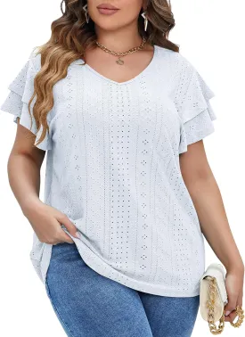 IN'VOLAND Womens Plus Size T Shirt V Neck Loose Fit Ruffle Sleeve Summer Hollow Casual Tops Blouse