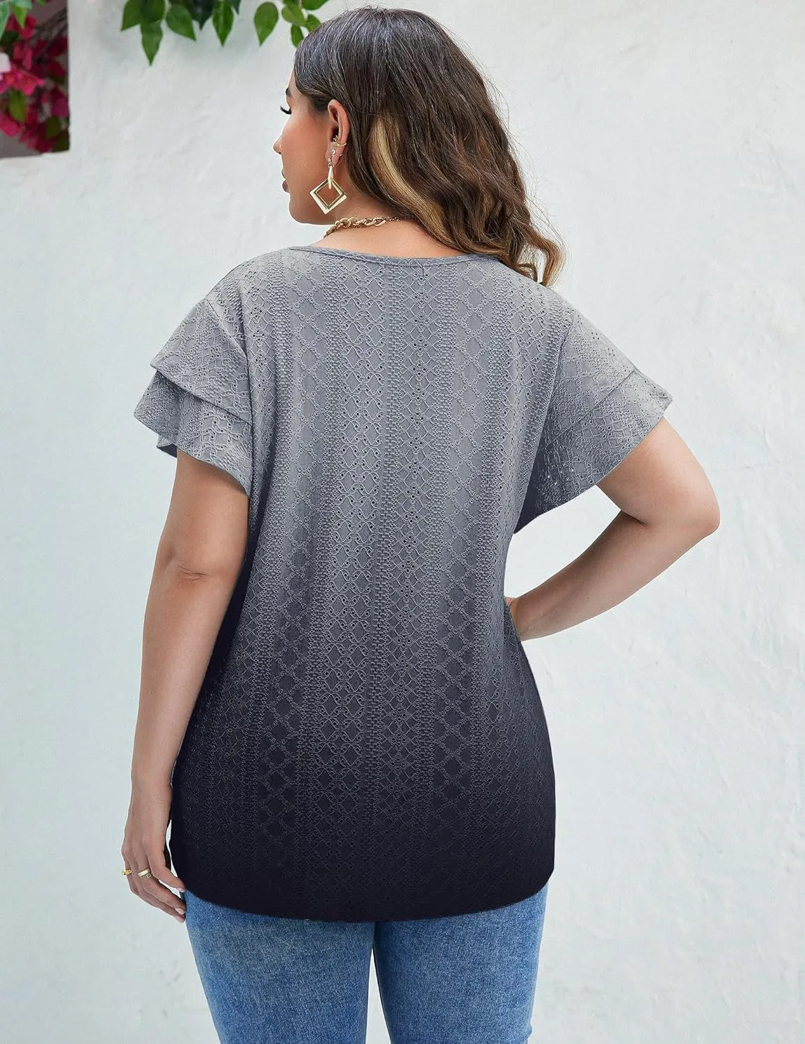 IN'VOLAND Womens Plus Size T Shirt V Neck Loose Fit Ruffle Sleeve Summer Hollow Casual Tops Blouse