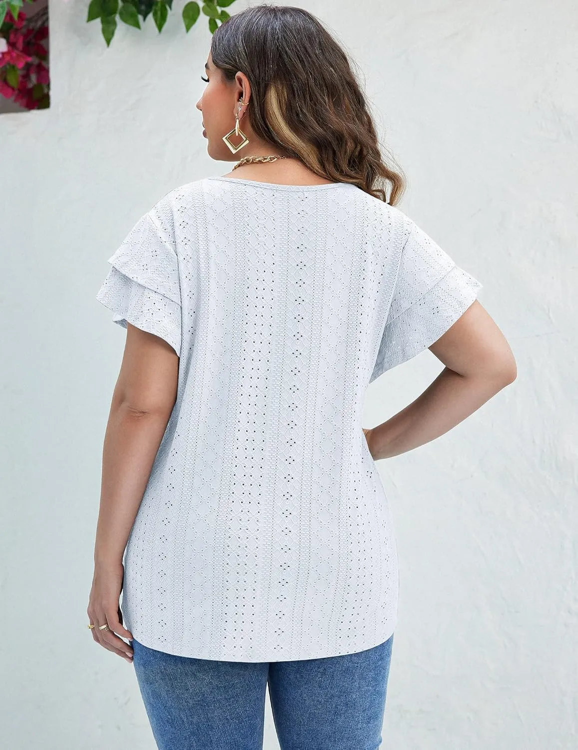 IN'VOLAND Womens Plus Size T Shirt V Neck Loose Fit Ruffle Sleeve Summer Hollow Casual Tops Blouse
