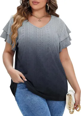 IN'VOLAND Womens Plus Size T Shirt V Neck Loose Fit Ruffle Sleeve Summer Hollow Casual Tops Blouse