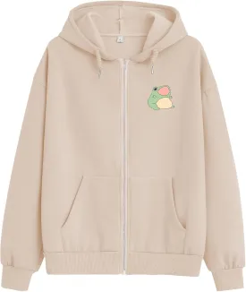 KEEVICI Cute Frog Crop Zip Up Hoodie Girls Kawaii Clothes Cottage Core Aesthetic Sweatshirt E Girl Cotton Jacket with Pockets