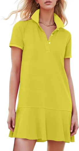 Kissonic Women's Polo Dress Short Sleeve V Neck Ruffle Hem Casual Summer Golf Tennis Mini Shirt Dresses
