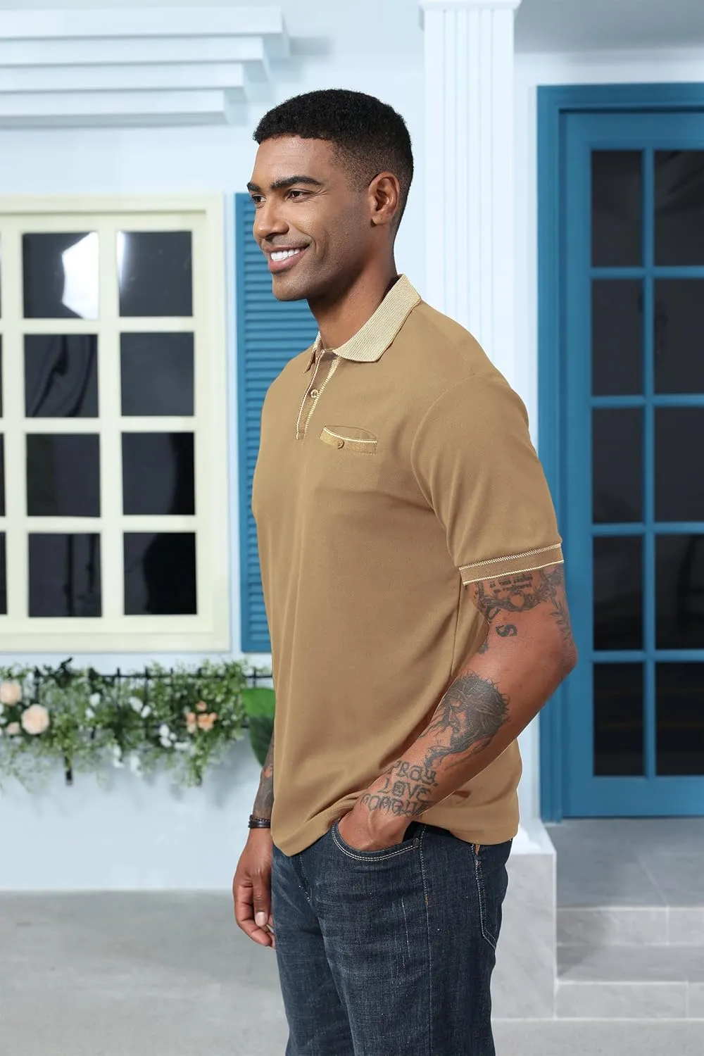 Mens Polo Shirts Short Sleeve Golf Casual Polo Collar Vintage Pique Shirts with Pocket