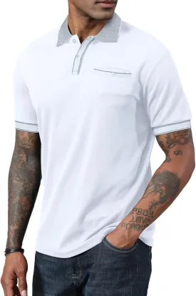 Mens Polo Shirts Short Sleeve Golf Casual Polo Collar Vintage Pique Shirts with Pocket