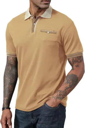 Mens Polo Shirts Short Sleeve Golf Casual Polo Collar Vintage Pique Shirts with Pocket