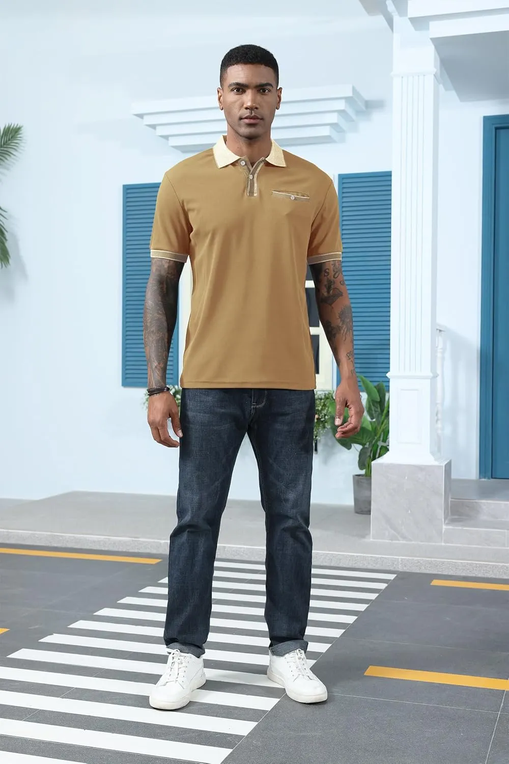 Mens Polo Shirts Short Sleeve Golf Casual Polo Collar Vintage Pique Shirts with Pocket