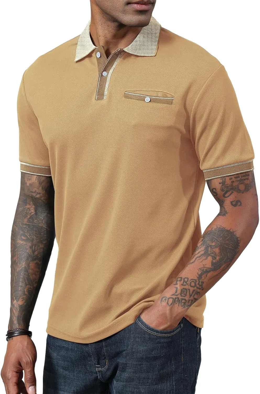 Mens Polo Shirts Short Sleeve Golf Casual Polo Collar Vintage Pique Shirts with Pocket