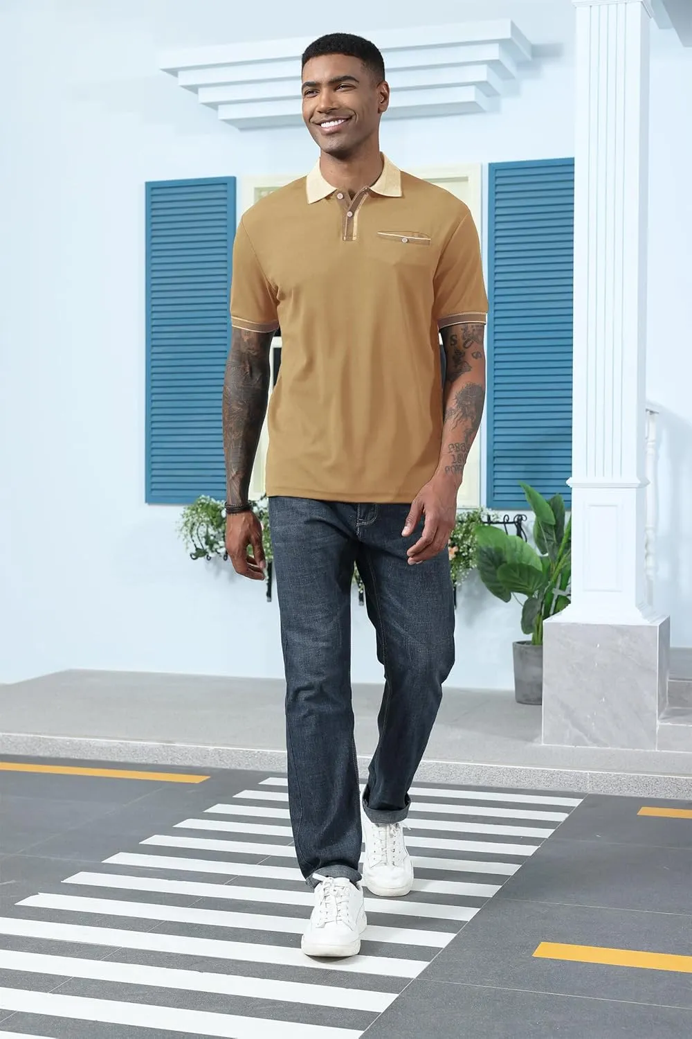 Mens Polo Shirts Short Sleeve Golf Casual Polo Collar Vintage Pique Shirts with Pocket