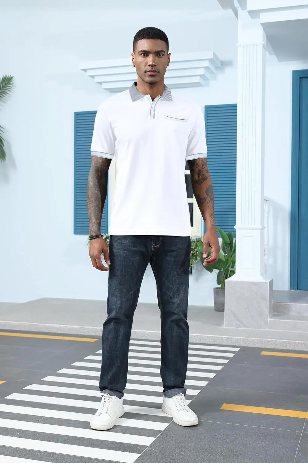 Mens Polo Shirts Short Sleeve Golf Casual Polo Collar Vintage Pique Shirts with Pocket