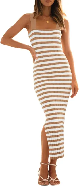 MEROKEETY Women's 2025 Summer Spring Bodycon Midi Dress Vacation Sleeveless Ribbed Knit Striped Party Sweater Dresses