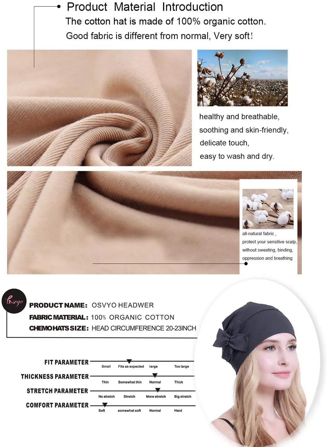 osvyo Cotton Chemo Turbans Headwear Beanie Hat Cap for Women Cancer Patient Hairloss