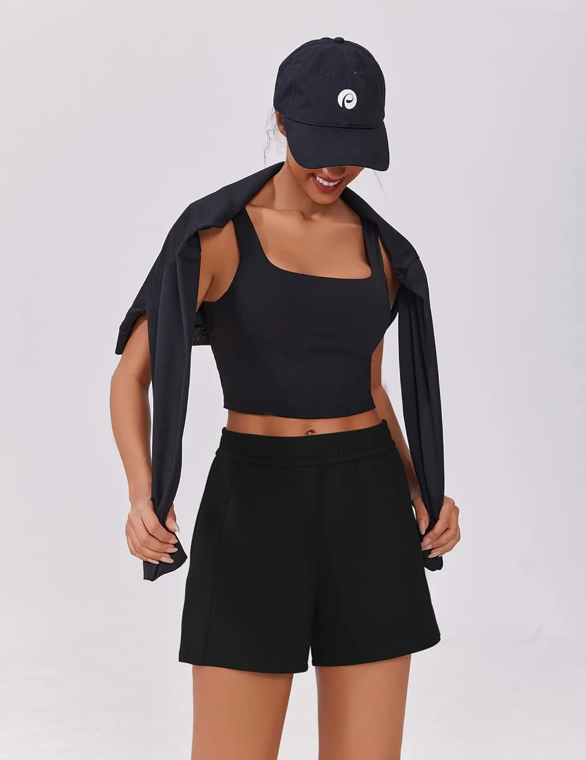 PINSPARK Athletic Sweat Shorts Women Elastic High Waisted Comfy Short Drawstring Casual Lounge Shorts with Pockets