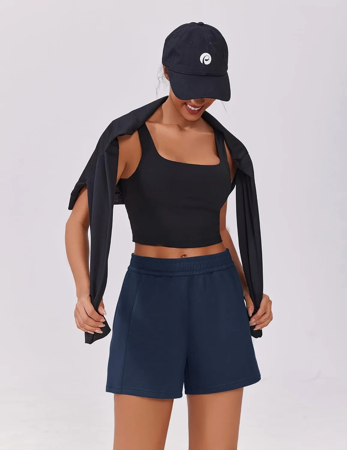 PINSPARK Athletic Sweat Shorts Women Elastic High Waisted Comfy Short Drawstring Casual Lounge Shorts with Pockets
