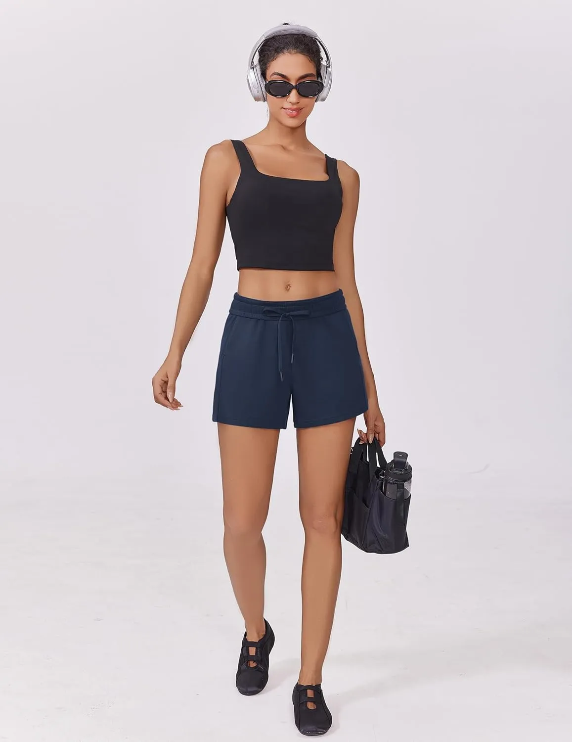 PINSPARK Athletic Sweat Shorts Women Elastic High Waisted Comfy Short Drawstring Casual Lounge Shorts with Pockets